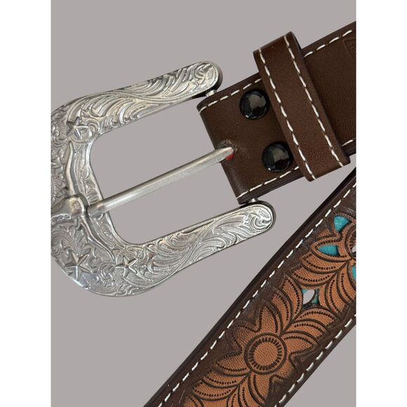 Western Floral Tooled Leather Belt With Turquoise Accents & Silver Buckle - Unis - Picture 3 of 7